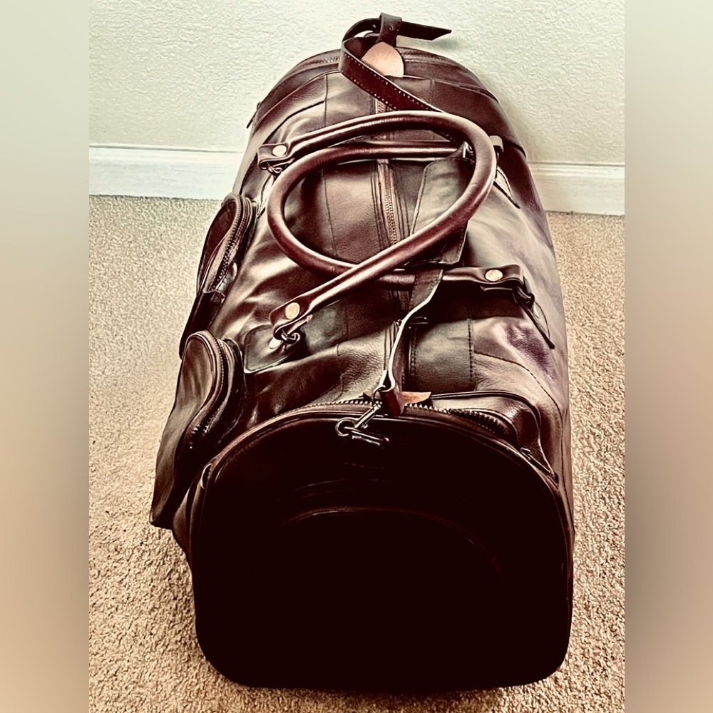 Men's Large Leather Weekender Duffel Bag Dk Brown + 4 zipped external pockets